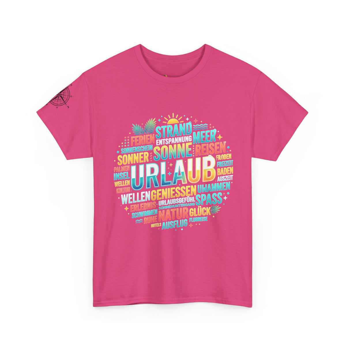 Strandurlaub T-Shirt – Retro Sonnenuntergang mit Palmen & ‚Urlaub‘ Wortwolke Ansicht 12 – T-Shirt – ESTID