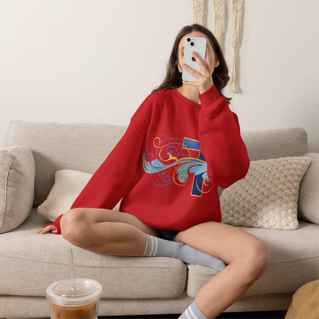 ESTID Unisex Crewneck Pullover | Blaues Kreuz & Wellen-Ornament Ansicht 43 – Sweatshirt – ESTID