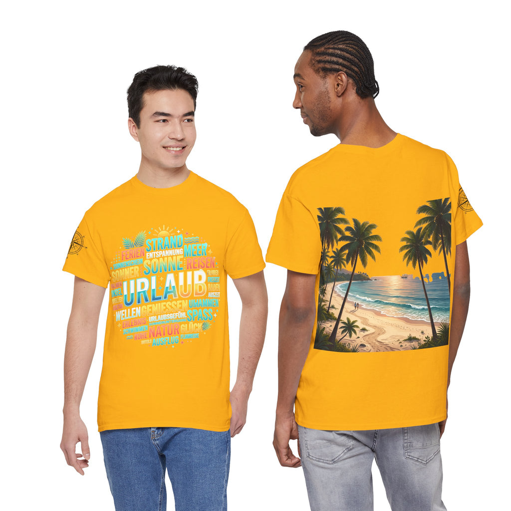 Strandurlaub T-Shirt – Retro Sonnenuntergang mit Palmen & ‚Urlaub‘ Wortwolke