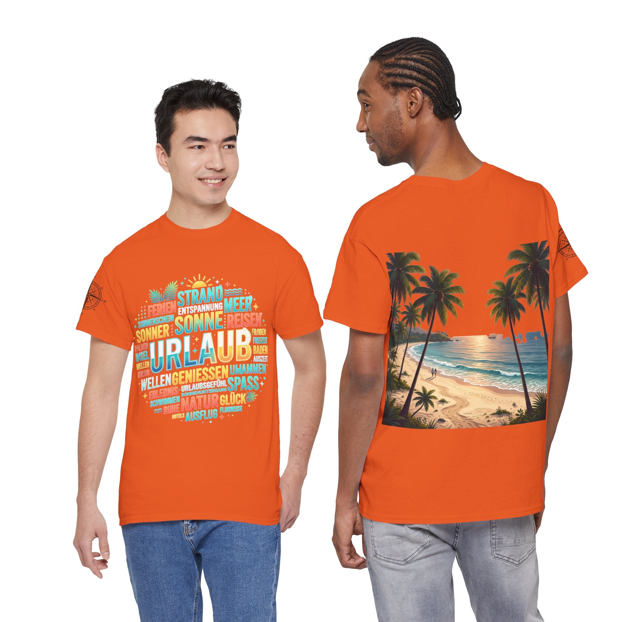 Strandurlaub T-Shirt – Retro Sonnenuntergang mit Palmen & ‚Urlaub‘ Wortwolke