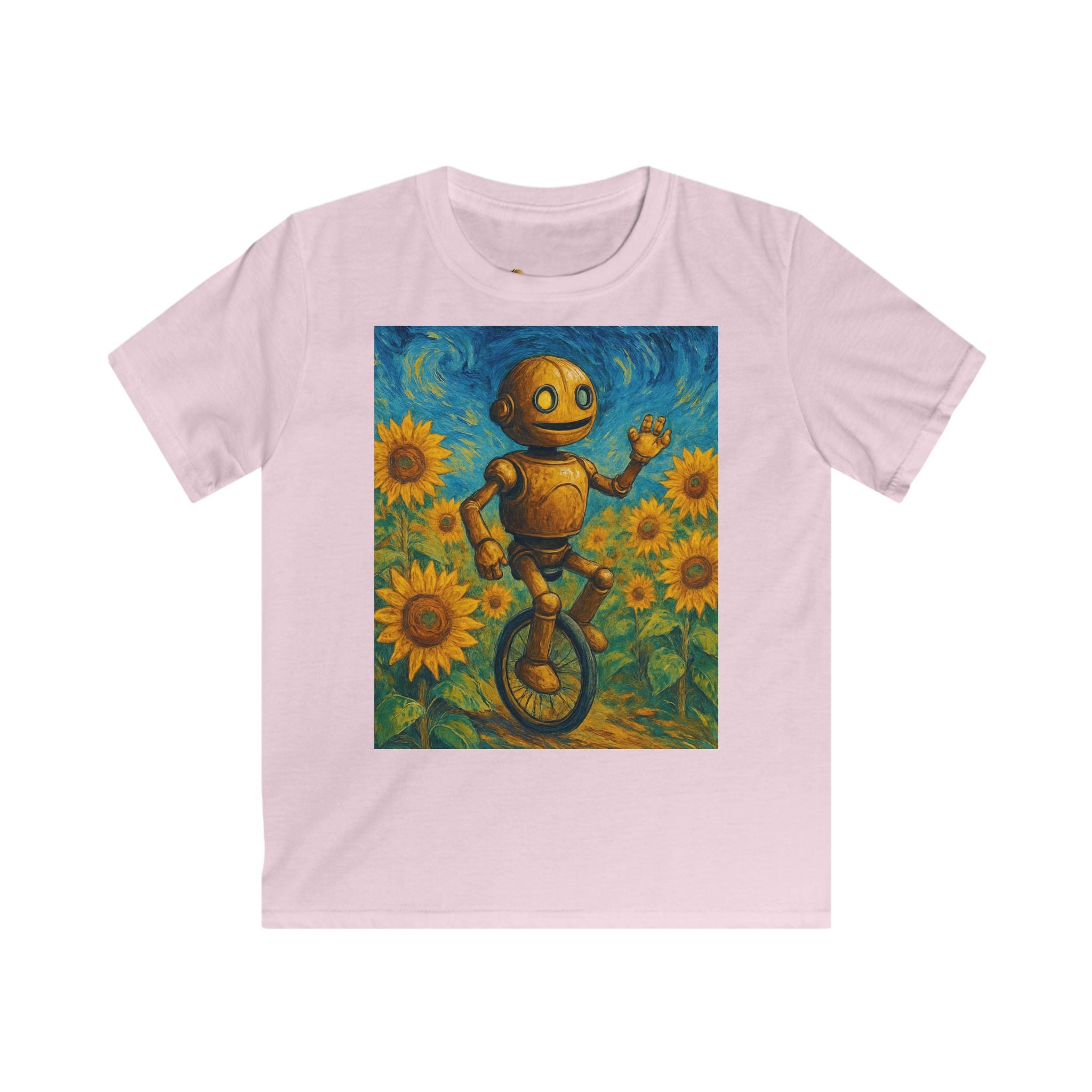 Kinder-T-Shirt – Sonnige Sonnenblumen-Roboter auf Einrad