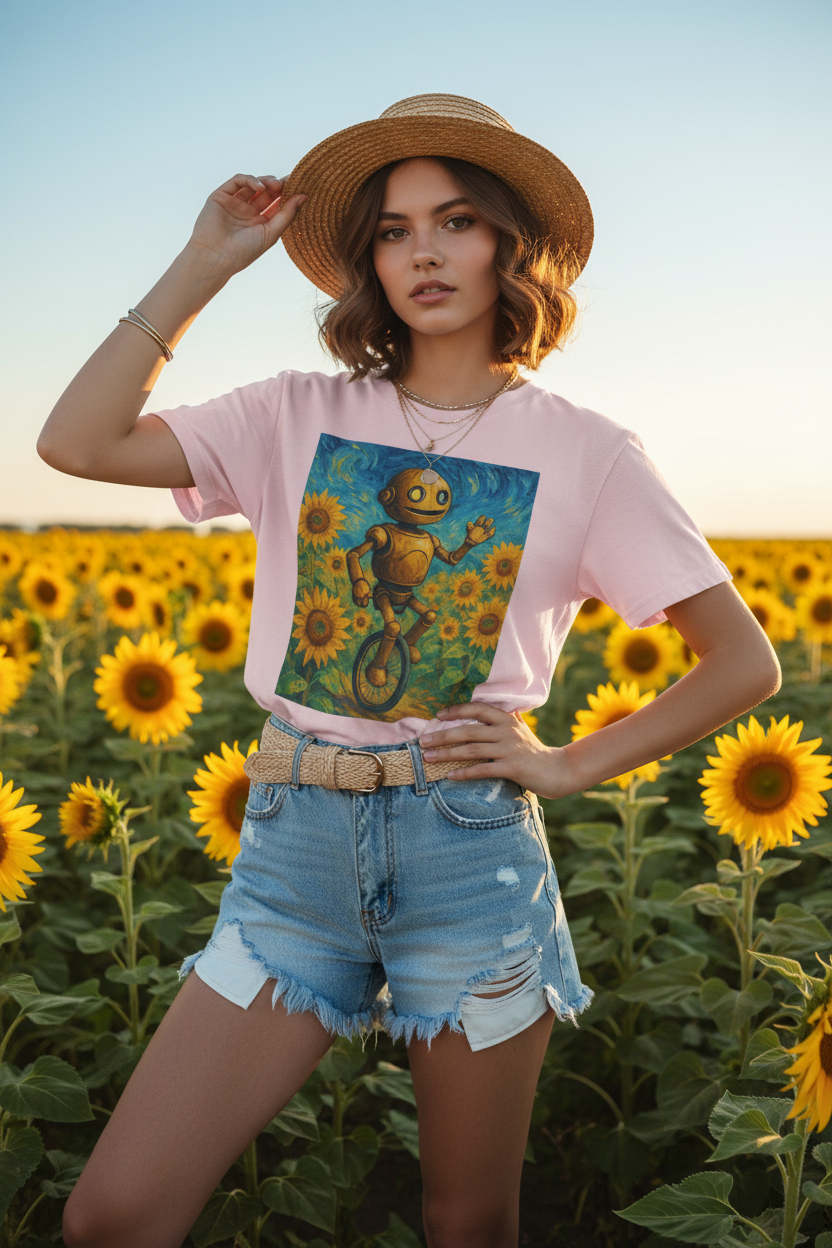 Kinder-T-Shirt – Sonnige Sonnenblumen-Roboter auf Einrad