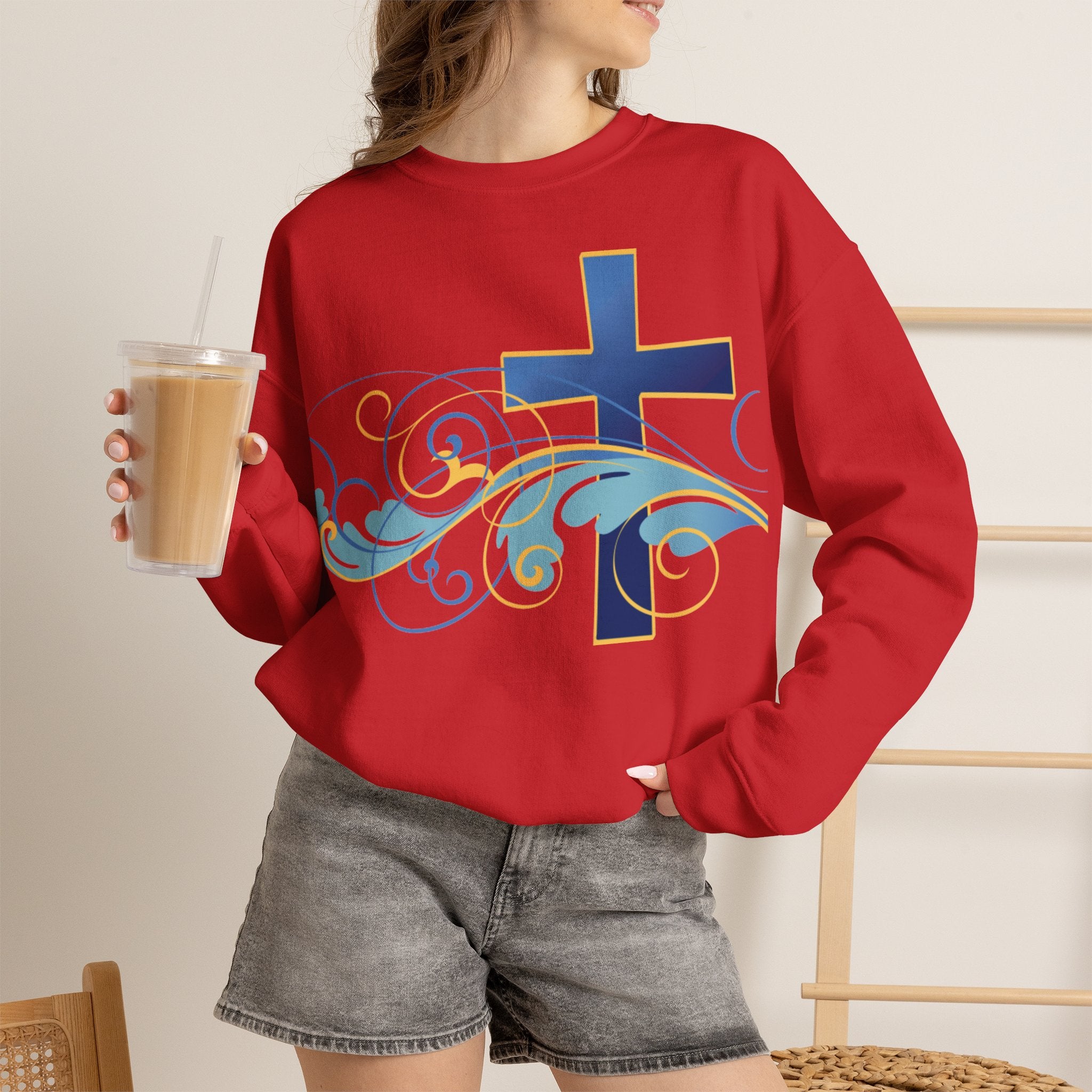 ESTID Unisex Crewneck Pullover | Blaues Kreuz & Wellen-Ornament Ansicht 42 – Sweatshirt – ESTID
