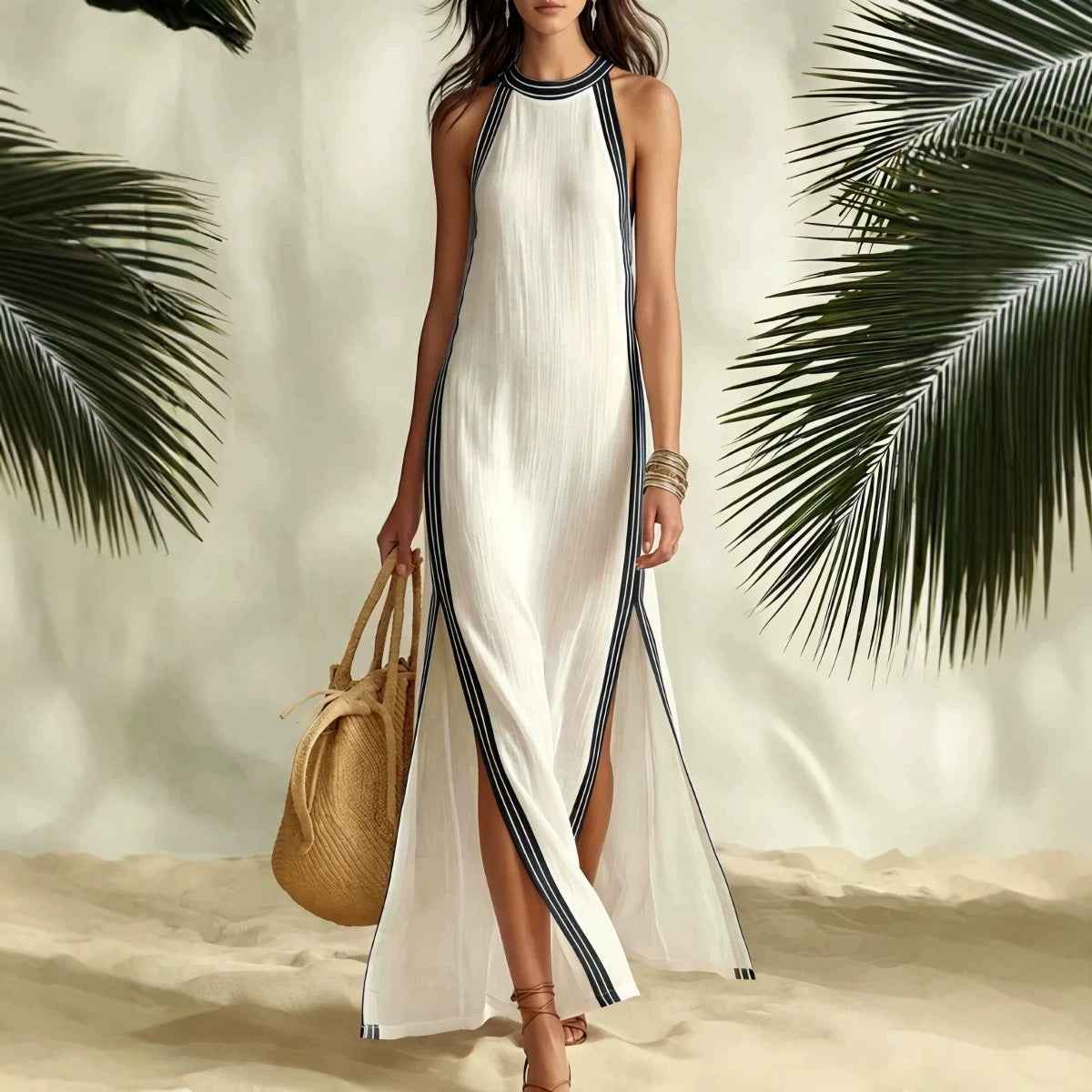 Damen Leinen-Sommerkleid | Neckholder Maxikleid mit Kontrast-Kante Ansicht 3 – Kleid – ESTID