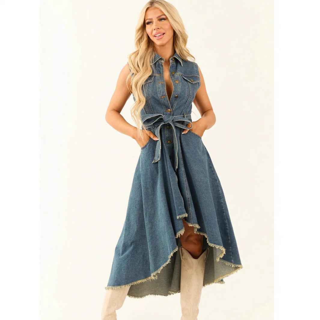 Damen Jeans-Midikleid Vokuhila | Ärmellos mit Bindegürtel & Fransen Ansicht 3 – Kleid – ESTID
