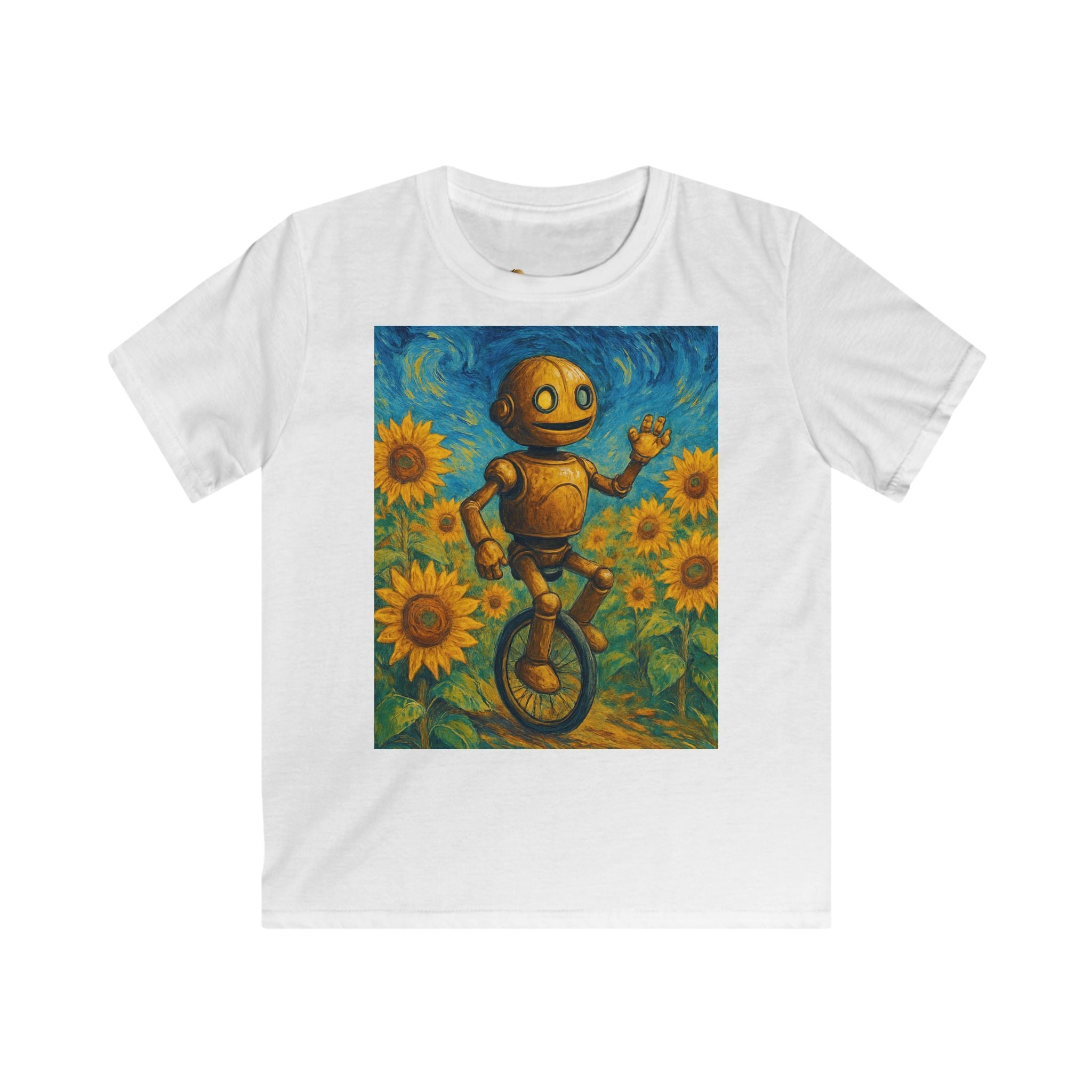 Kinder-T-Shirt – Sonnige Sonnenblumen-Roboter auf Einrad