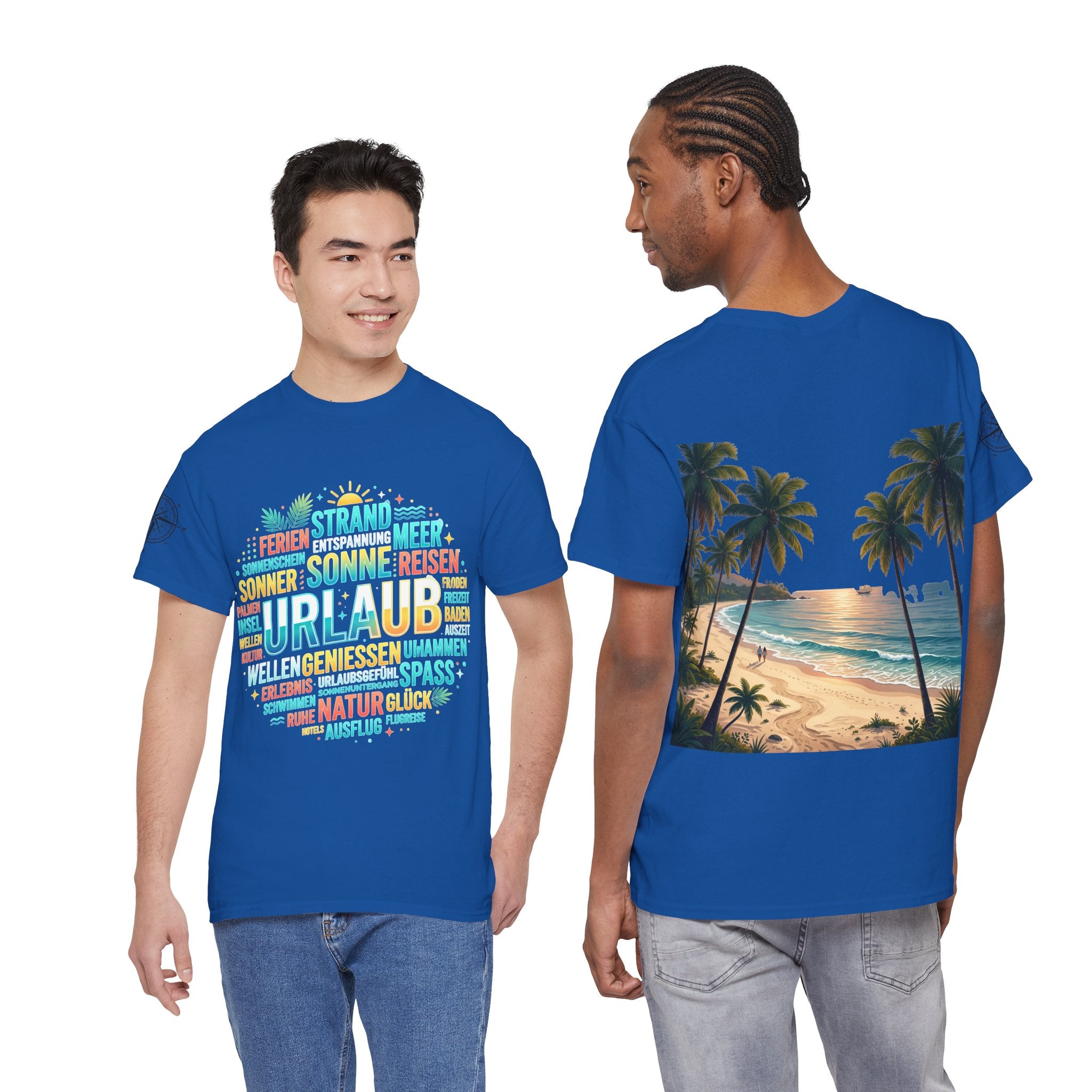 Strandurlaub T-Shirt – Retro Sonnenuntergang mit Palmen & ‚Urlaub‘ Wortwolke