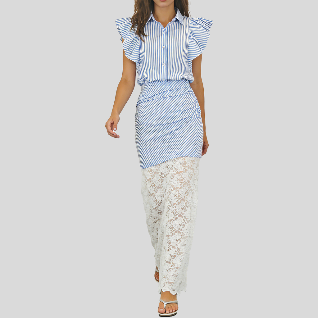 Gestreiftes Sommer-Set Damen | Blusenoberteil & Spitzen-Rock Detailansicht – Set – ESTID