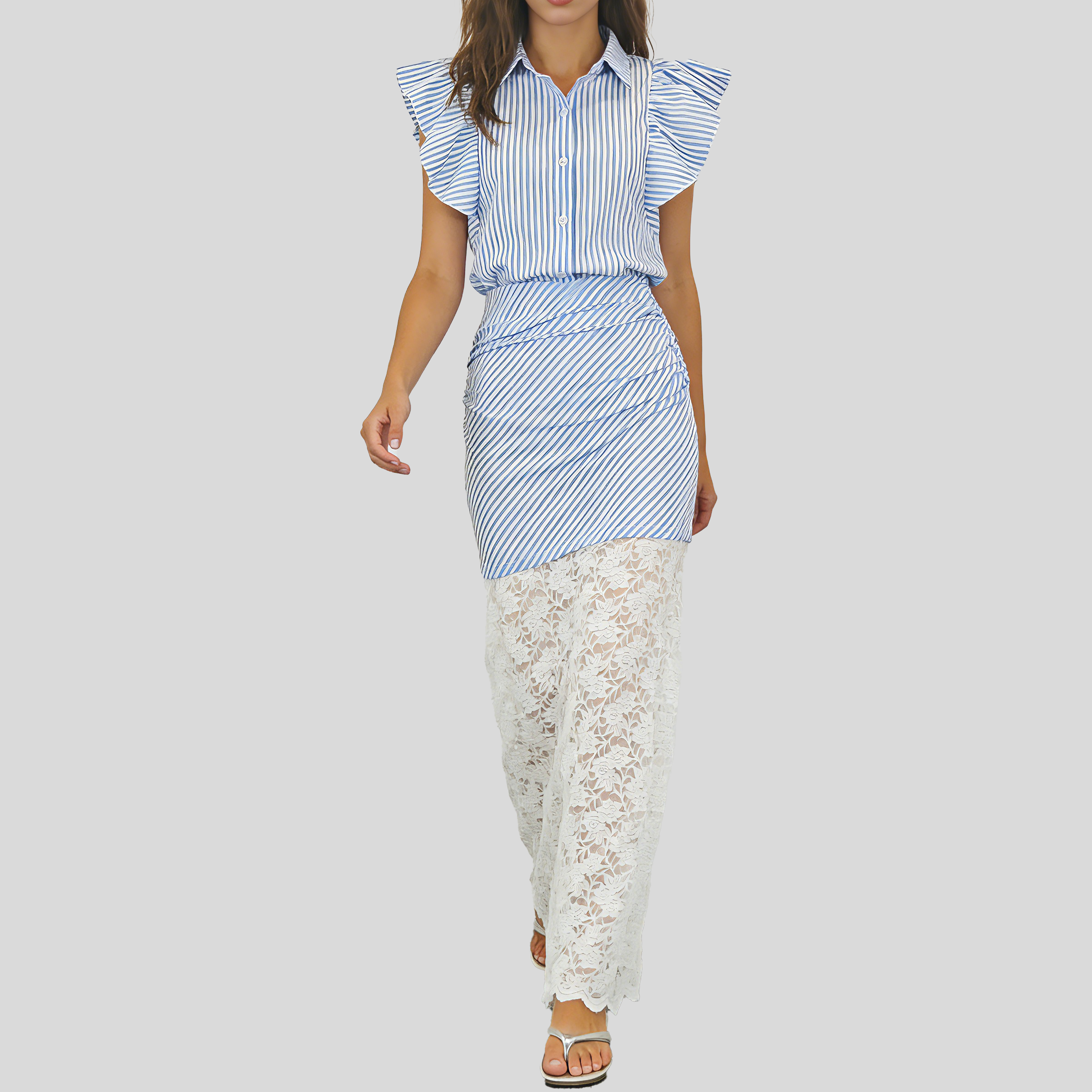 Gestreiftes Sommer-Set Damen | Blusenoberteil & Spitzen-Rock Detailansicht – Set – ESTID