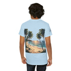 Strandurlaub T-Shirt – Retro Sonnenuntergang mit Palmen & ‚Urlaub‘ Wortwolke