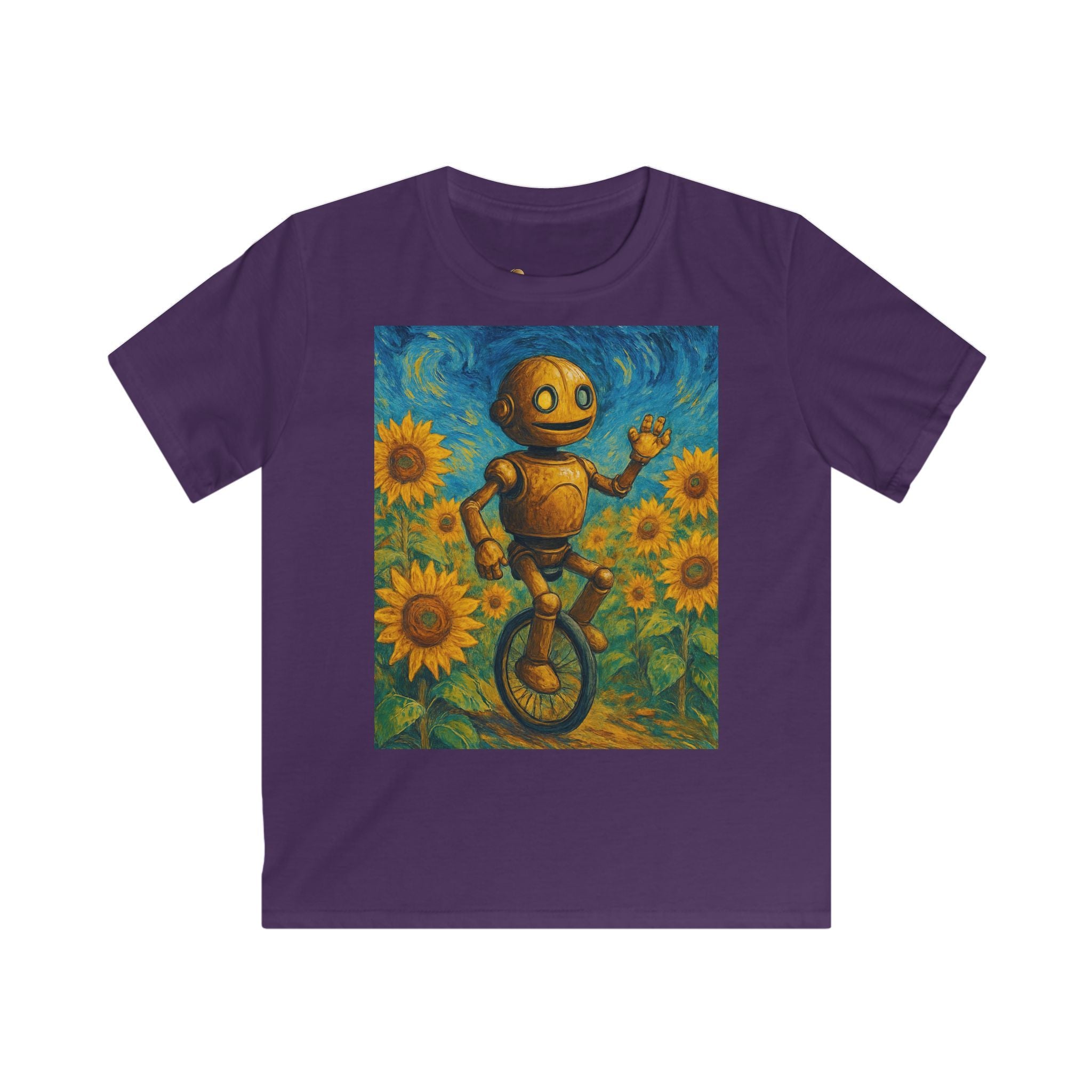 Kinder-T-Shirt – Sonnige Sonnenblumen-Roboter auf Einrad