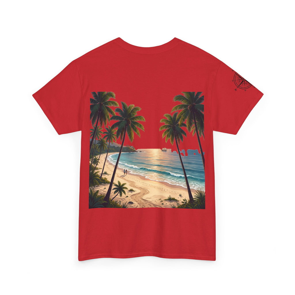 Strandurlaub T-Shirt – Retro Sonnenuntergang mit Palmen & ‚Urlaub‘ Wortwolke