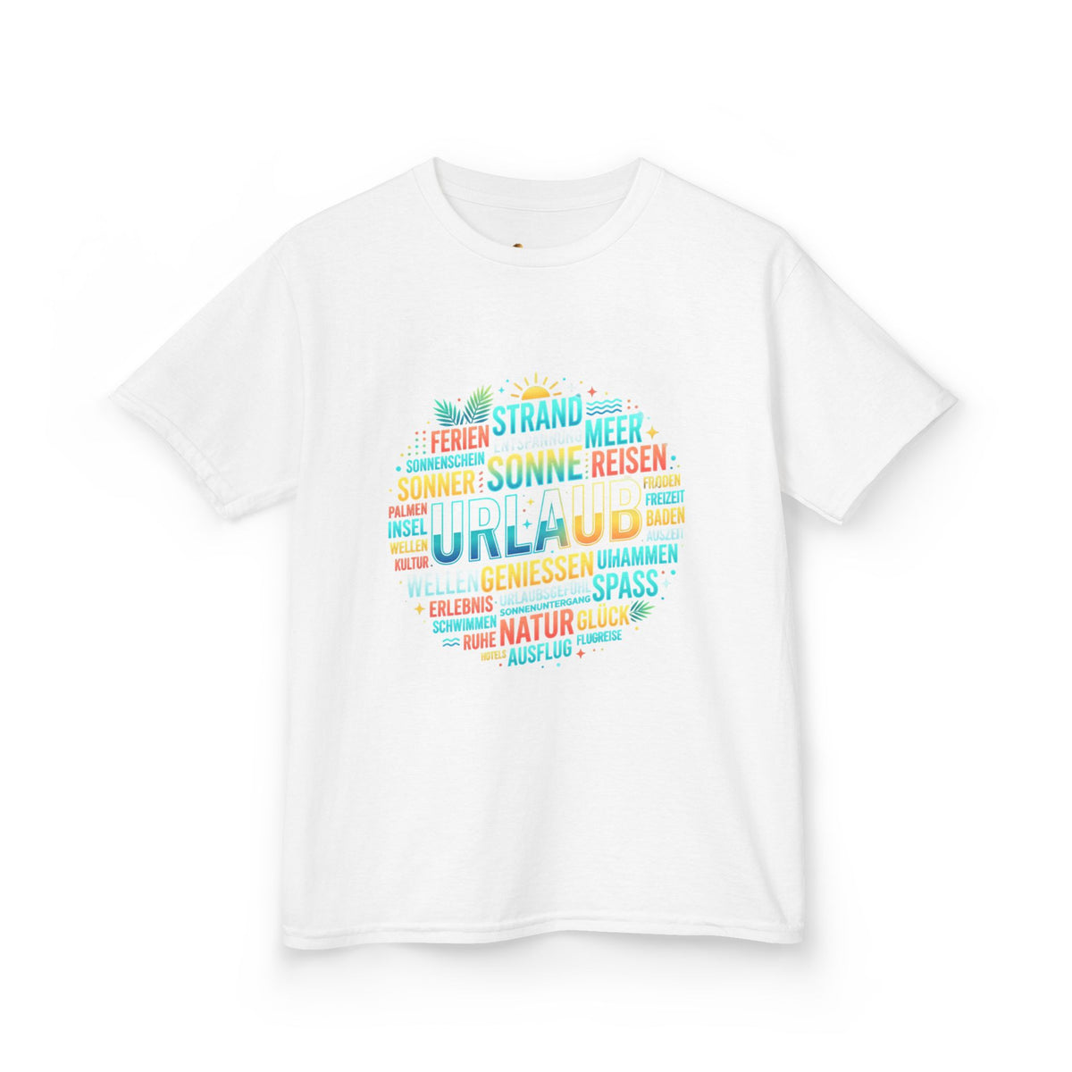 Kinder-T-Shirt "Urlaub" Wortwolke – Buntes Reise-Shirt für Kinder Detailansicht – Kids clothes – ESTID