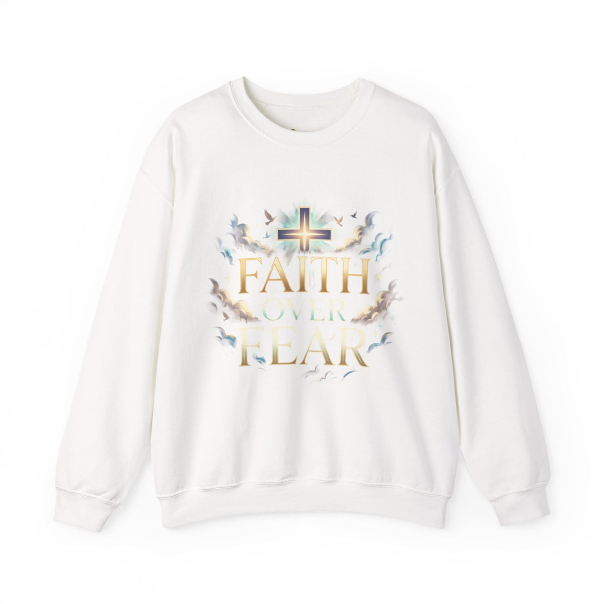 Faith Over Fear Crewneck Sweatshirt – Christliches Kreuz & Jesus Pullover Detailansicht – Sweatshirt – ESTID