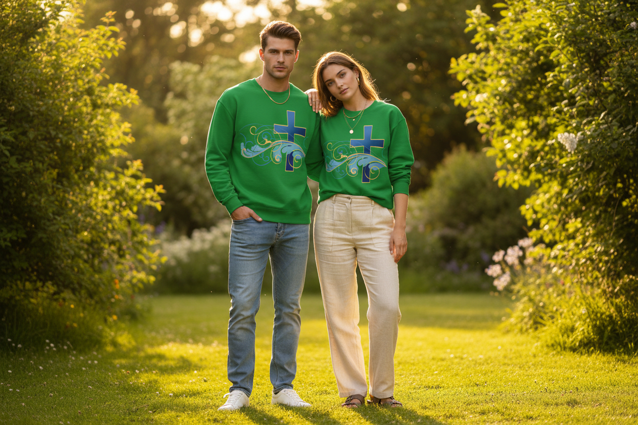 ESTID Unisex Crewneck Pullover | Blaues Kreuz & Wellen-Ornament Ansicht 5 – Sweatshirt – ESTID