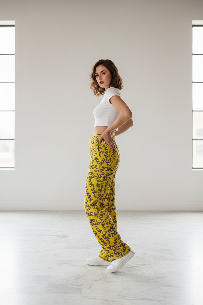 Gelbe Damen-Hose mit „God loves you“-Print ESTID – Womens Trousers – ESTID