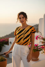 Damen Jersey-Bluse im markanten Tiger-Print ESTID Ansicht 3 – Ladies Crop Top – ESTID
