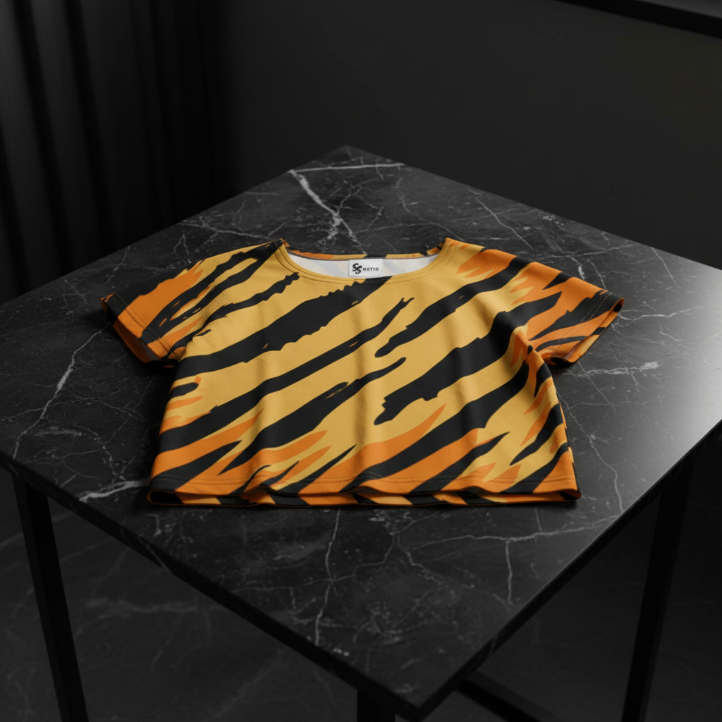 Damen Jersey-Bluse im markanten Tiger-Print ESTID Detailansicht – Ladies Crop Top – ESTID