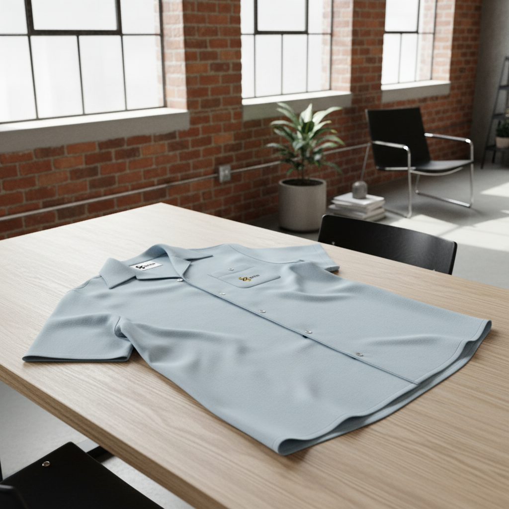 Herren-Kurzarmhemd in Hellblau mit Reverskragen ESTID Detailansicht – Mens Revere Shirt – ESTID