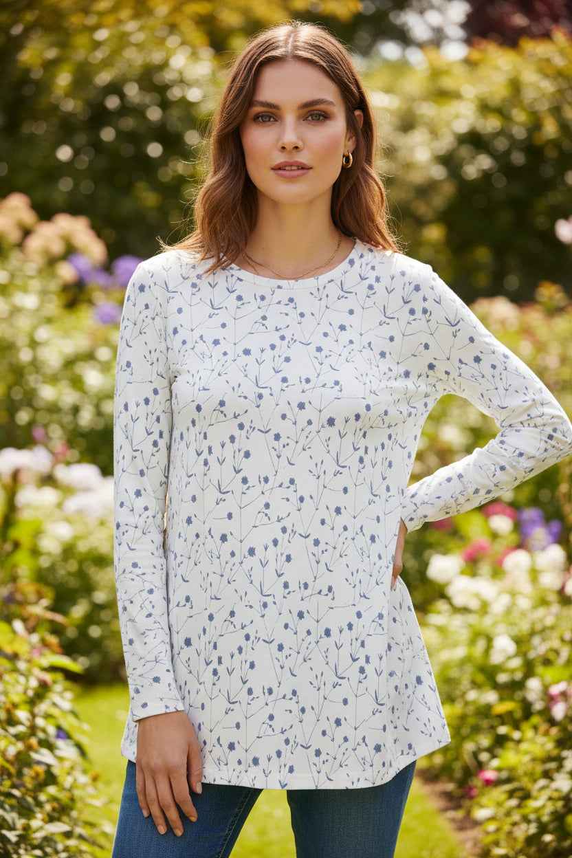 Damen Langarmshirt aus Baumwollmischung mit floralem Print - ESTID
