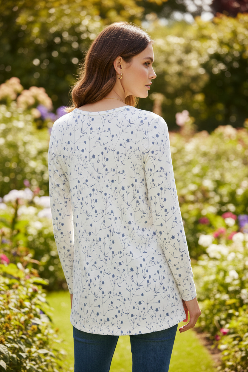 Damen Langarmshirt aus Baumwollmischung mit floralem Print Detailansicht – long slive – ESTID