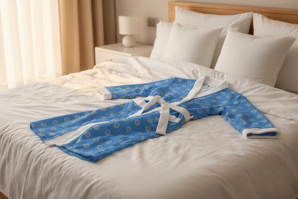 Kuscheliger Damen-Bademantel in Blau ESTID Detailansicht – Dressing Gown – ESTID