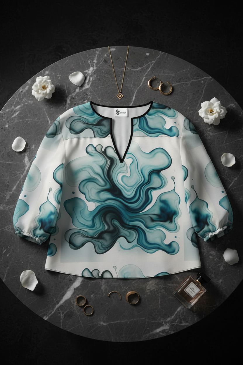 Elegante Damen-Seidenbluse mit künstlerischem Fluid-Print ESTID Detailansicht – Womens Blouse – ESTID