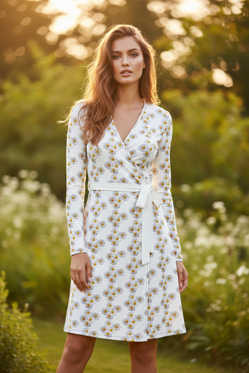 Elegantes Damen-Wickelkleid mit lebendigem Margeriten ESTID – Wrap Dress – ESTID