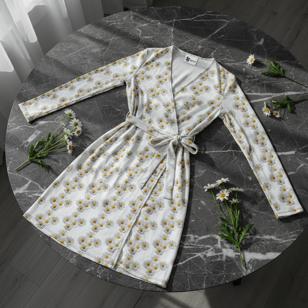 Elegantes Damen-Wickelkleid mit lebendigem Margeriten ESTID Detailansicht – Wrap Dress – ESTID