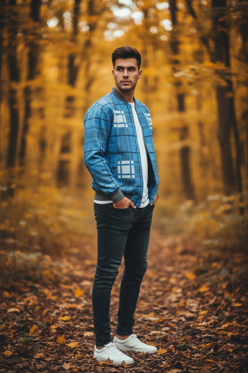 Wende-Bomberjacke für Herren aus Seide mit dem Karo-Muster Ansicht 3 – Mens Reversible Silk Bomber Jacket – ESTID