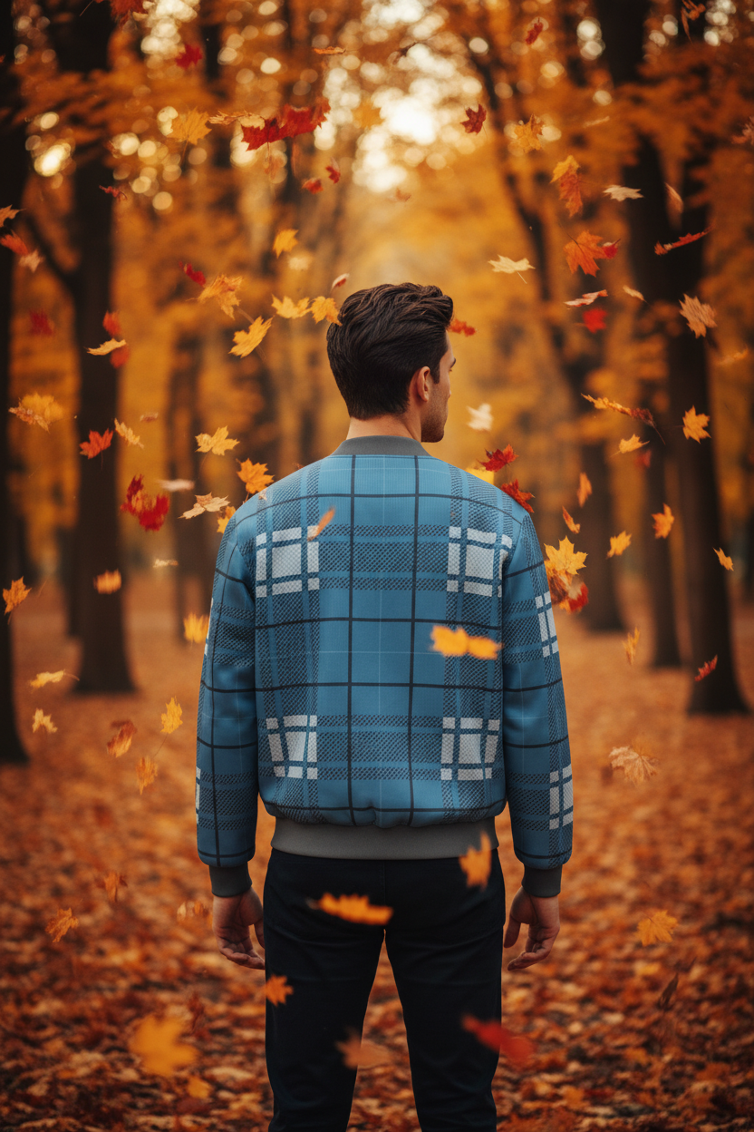 Wende-Bomberjacke für Herren aus Seide mit dem Karo-Muster Detailansicht – Mens Reversible Silk Bomber Jacket – ESTID