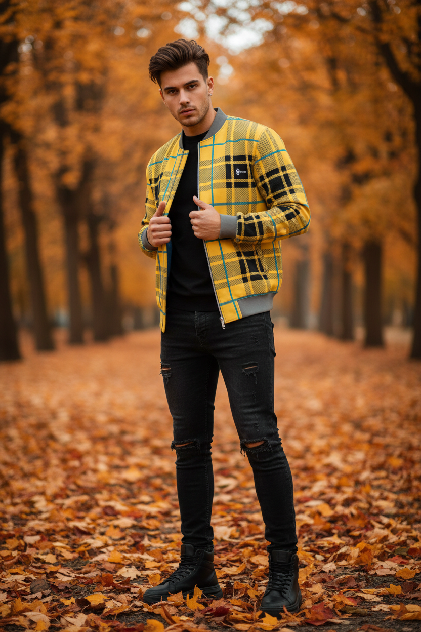 Wende-Bomberjacke für Herren aus Seide mit dem Karo-Muster Ansicht 4 – Mens Reversible Silk Bomber Jacket – ESTID