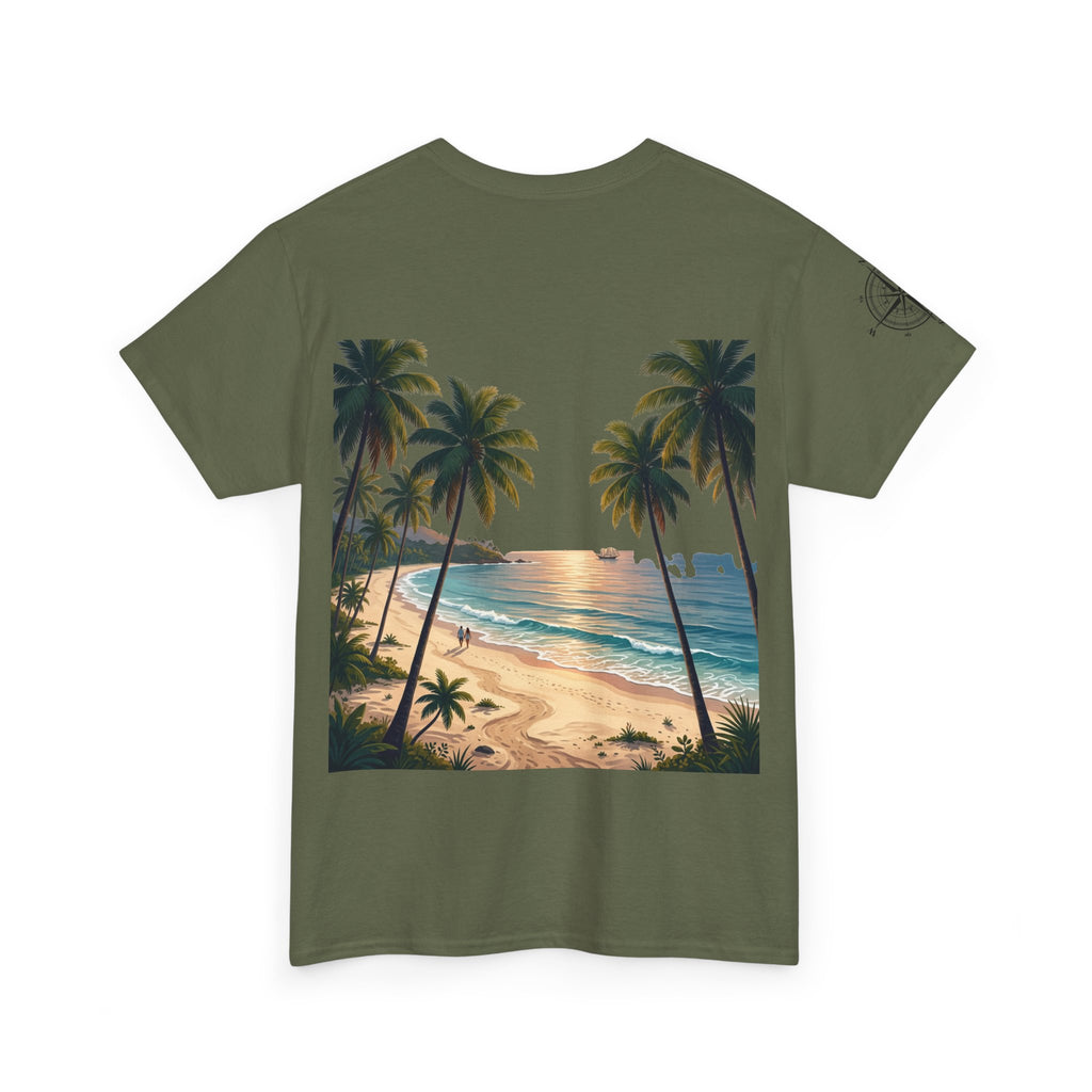 Strandurlaub T-Shirt – Retro Sonnenuntergang mit Palmen & ‚Urlaub‘ Wortwolke