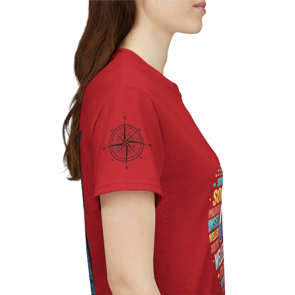 Strandurlaub T-Shirt – Retro Sonnenuntergang mit Palmen & ‚Urlaub‘ Wortwolke