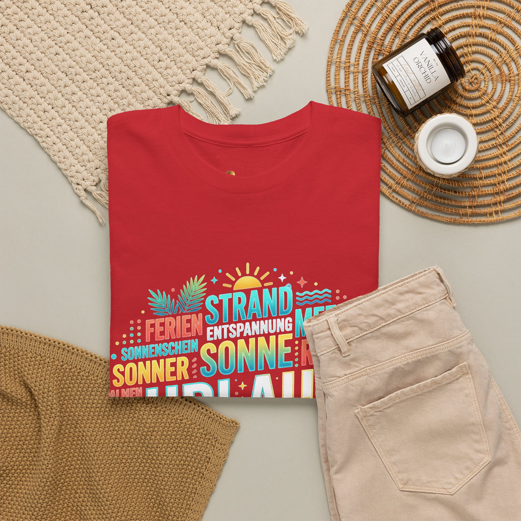 Strandurlaub T-Shirt – Retro Sonnenuntergang mit Palmen & ‚Urlaub‘ Wortwolke