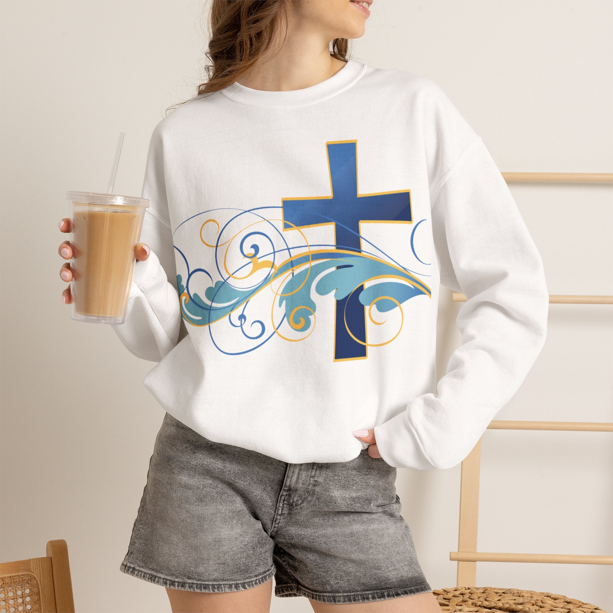 ESTID Unisex Crewneck Pullover | Blaues Kreuz & Wellen-Ornament Ansicht 18 – Sweatshirt – ESTID