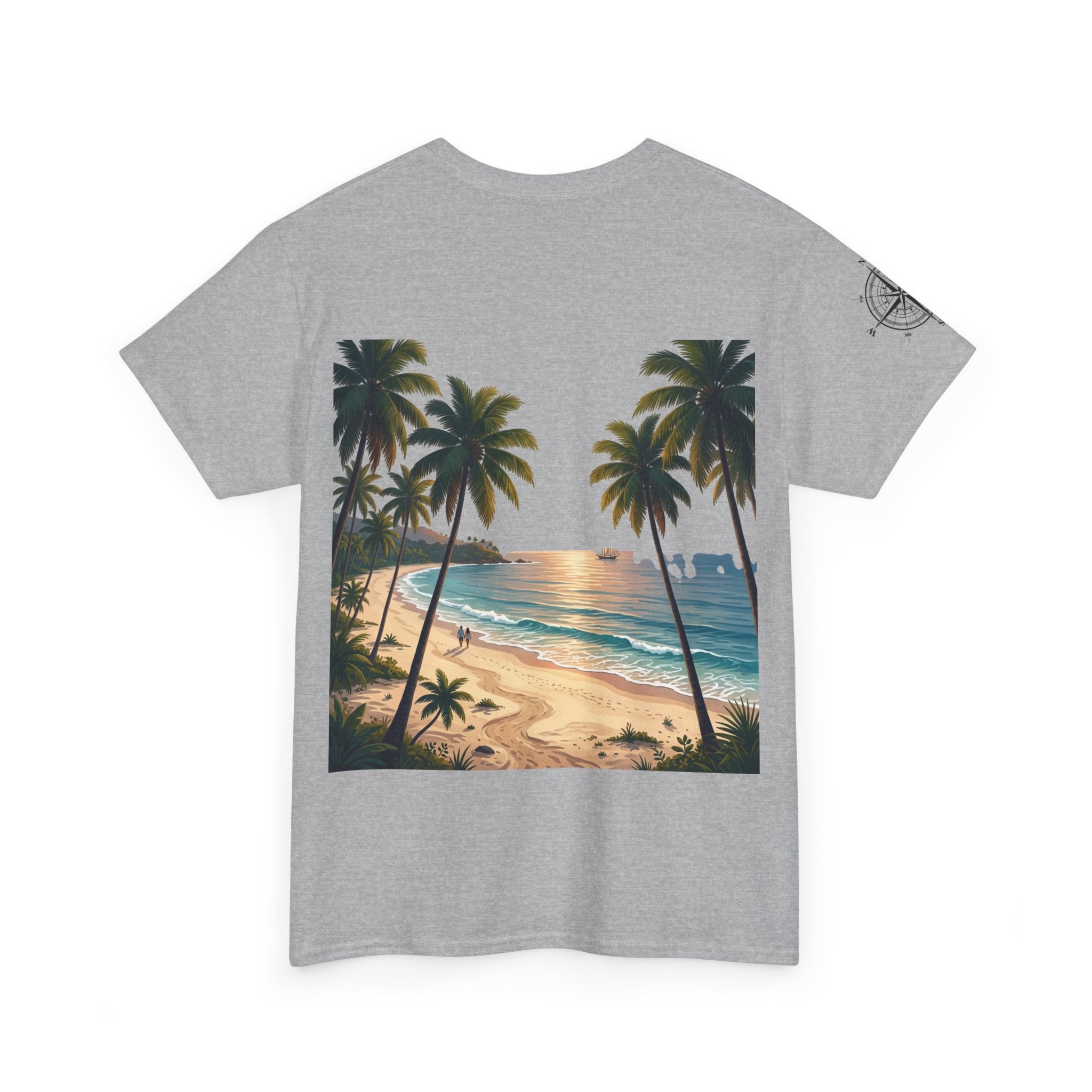 Strandurlaub T-Shirt – Retro Sonnenuntergang mit Palmen & ‚Urlaub‘ Wortwolke