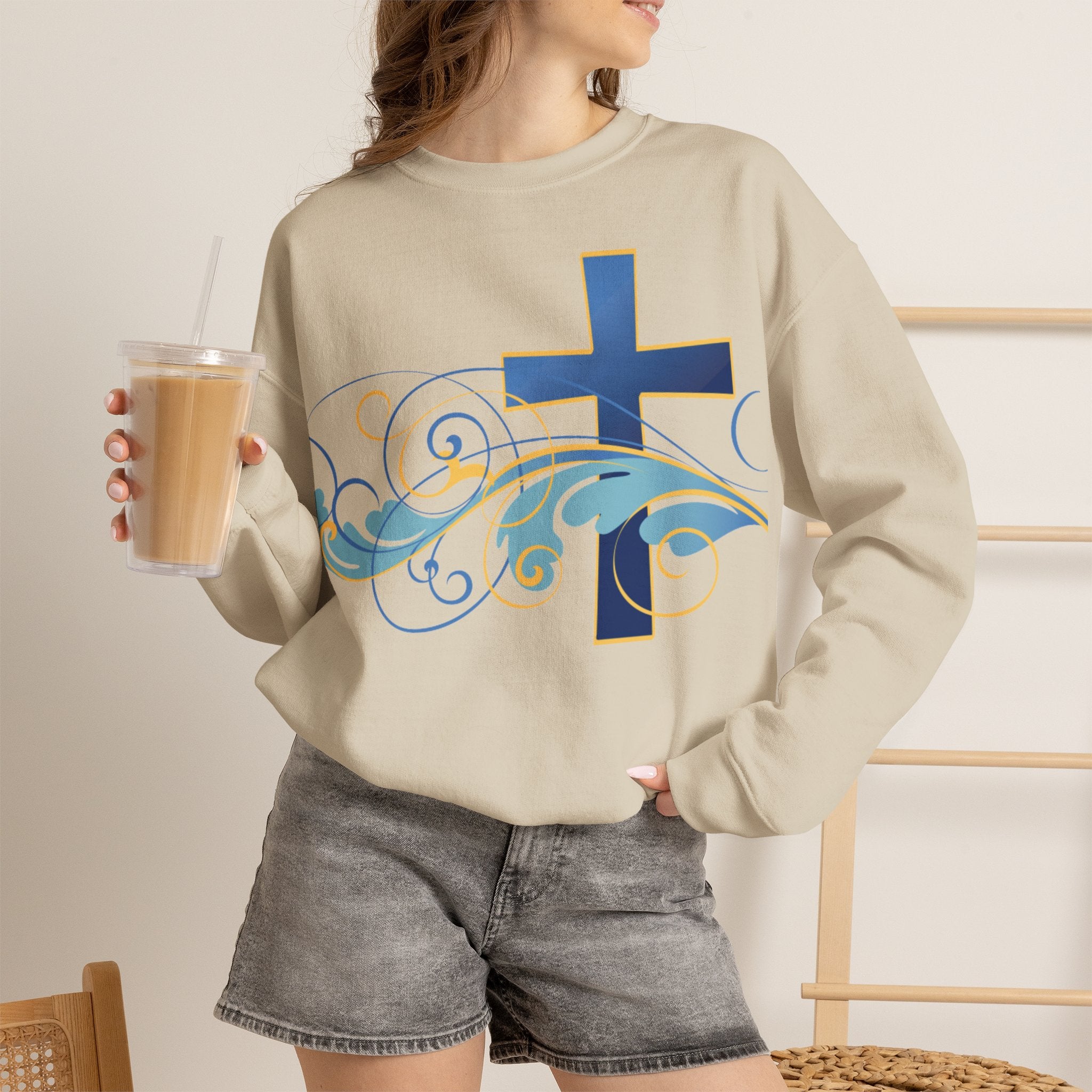 ESTID Unisex Crewneck Pullover | Blaues Kreuz & Wellen-Ornament Ansicht 24 – Sweatshirt – ESTID