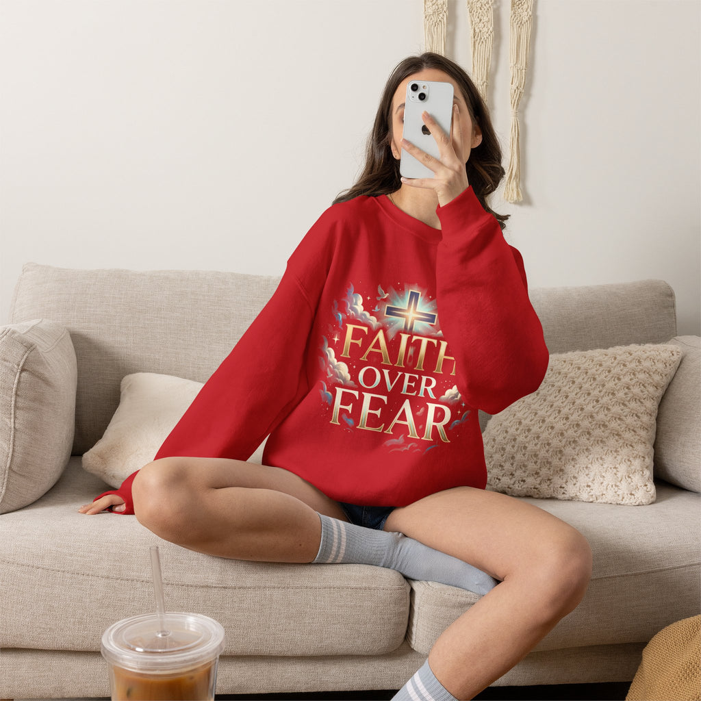 Faith Over Fear Crewneck Sweatshirt – Christliches Kreuz & Jesus Pullover