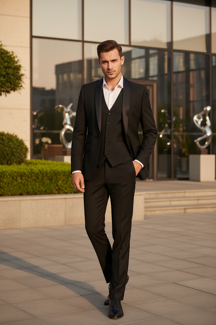 Herren Slim Fit Anzug Set 3-teilig | Schalkragen Tuxedo für Hochzeit & Gala Ansicht 3 – anzug – ESTID
