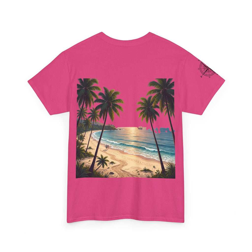 Strandurlaub T-Shirt – Retro Sonnenuntergang mit Palmen & ‚Urlaub‘ Wortwolke