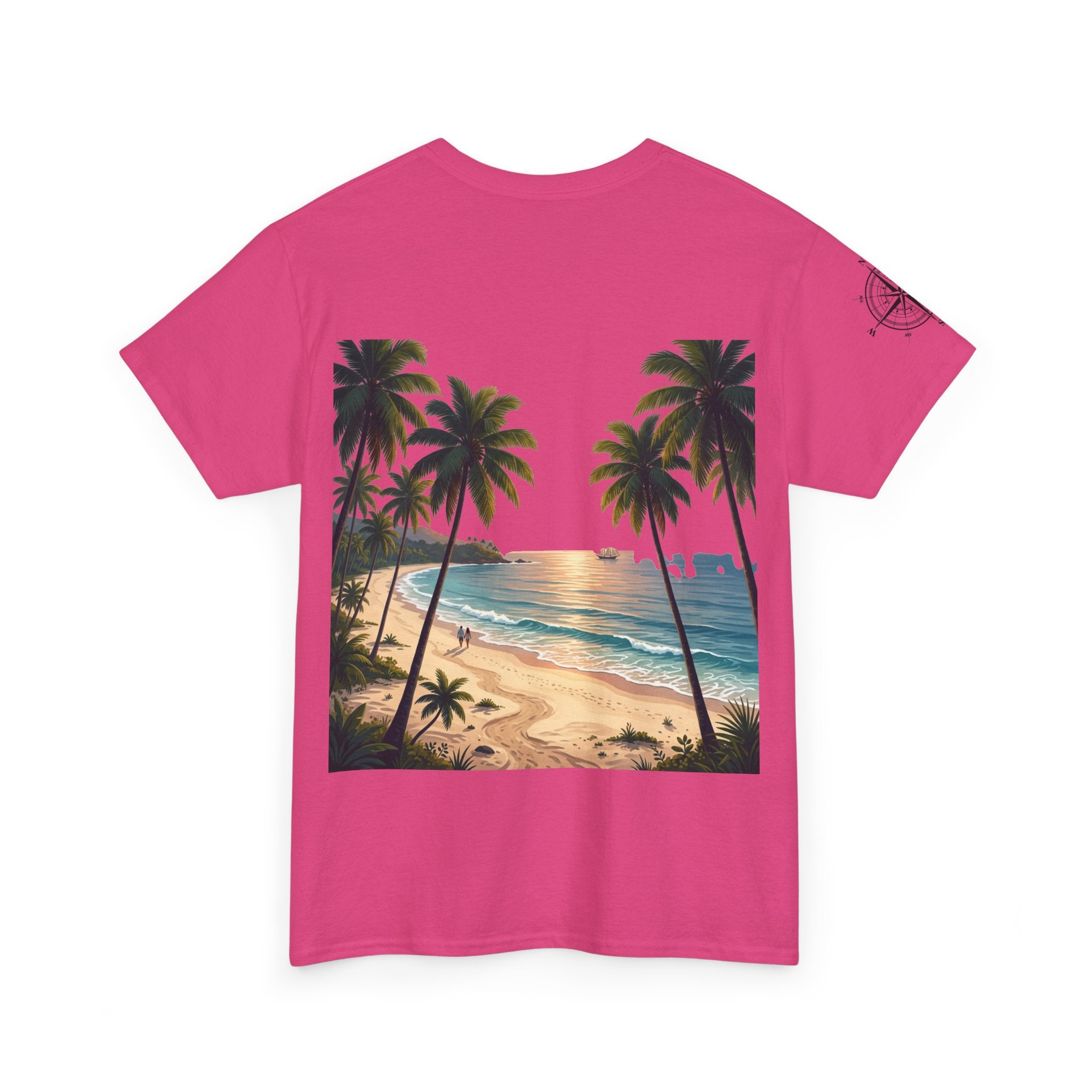 Strandurlaub T-Shirt – Retro Sonnenuntergang mit Palmen & ‚Urlaub‘ Wortwolke