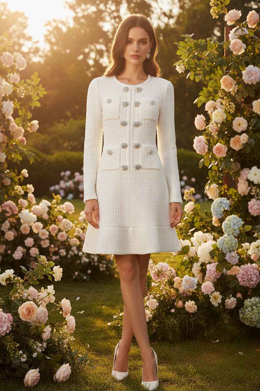 Elegantes Damen Woll-Tweedkleid Weiß – Kleid – ESTID