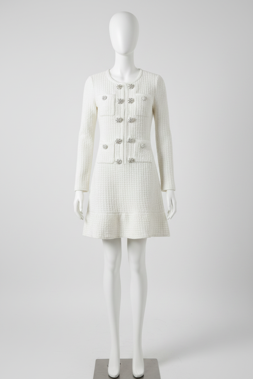 Elegantes Damen Woll-Tweedkleid Weiß Ansicht 8 – Kleid – ESTID