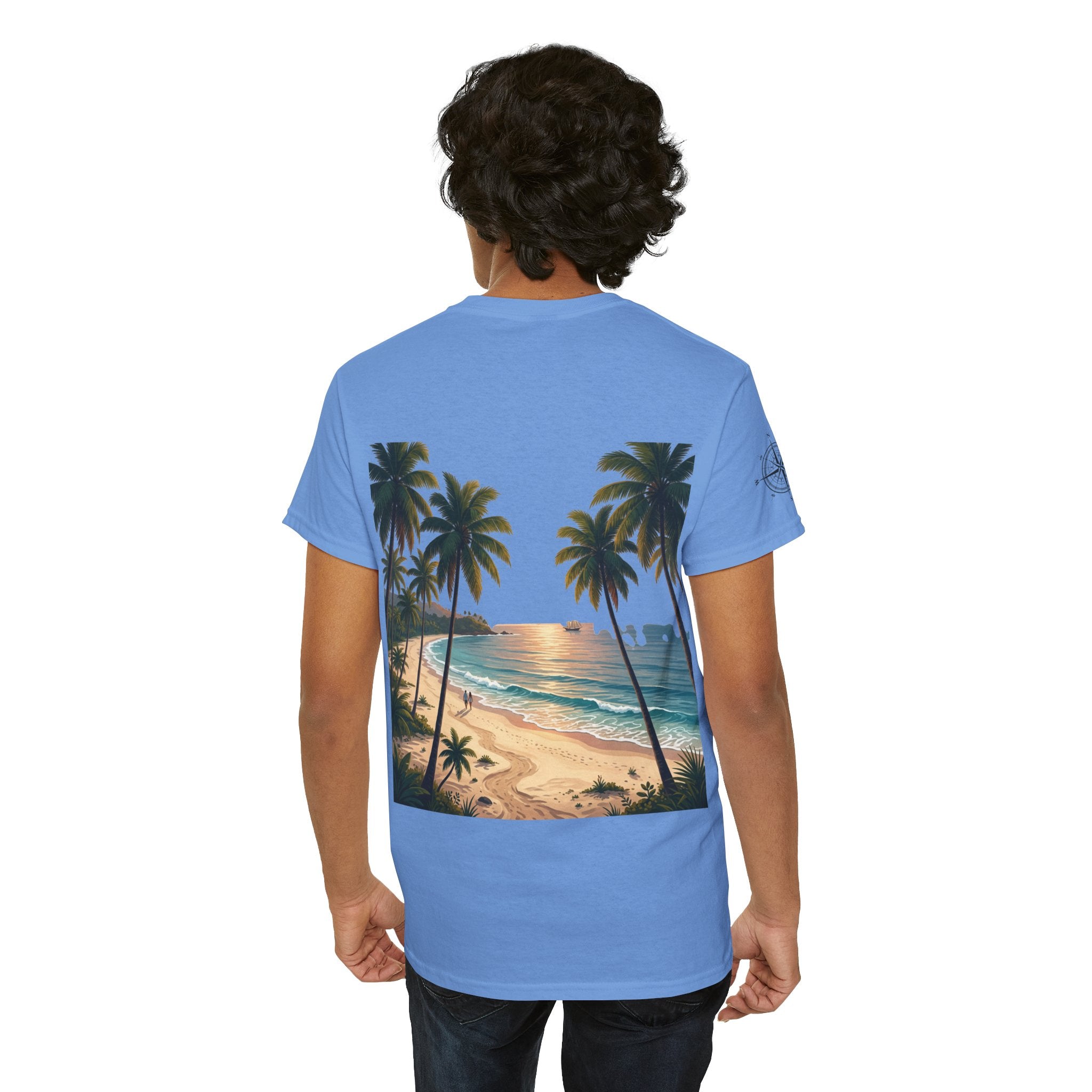 Strandurlaub T-Shirt – Retro Sonnenuntergang mit Palmen & ‚Urlaub‘ Wortwolke