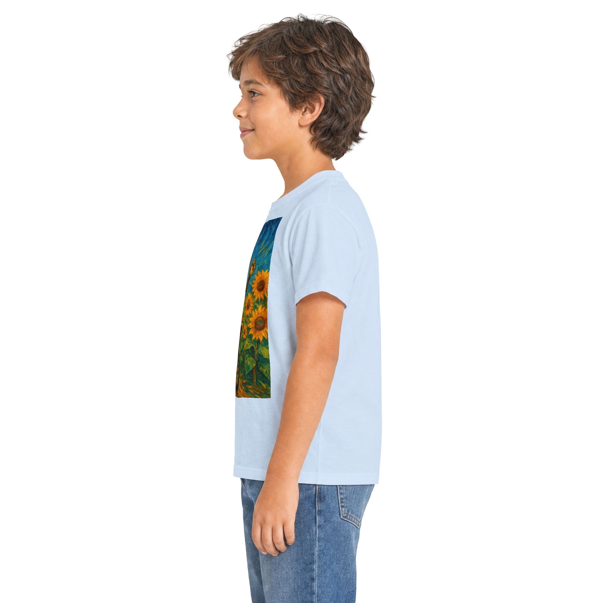 Kinder-T-Shirt – Sonnige Sonnenblumen-Roboter auf Einrad