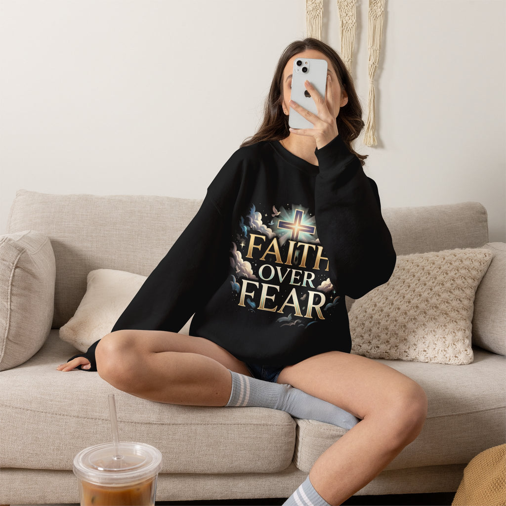 Faith Over Fear Crewneck Sweatshirt – Christliches Kreuz & Jesus Pullover