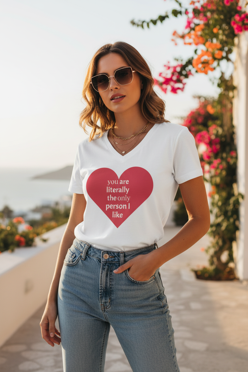 ESTID Damen Bio-Cotton Shirt | V-Ausschnitt mit Herz & Spruch-Print – V-neck – ESTID