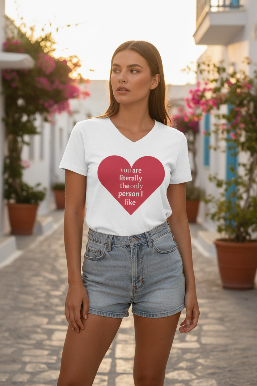 ESTID Damen Bio-Cotton Shirt | V-Ausschnitt mit Herz & Spruch-Print Detailansicht – V-neck – ESTID