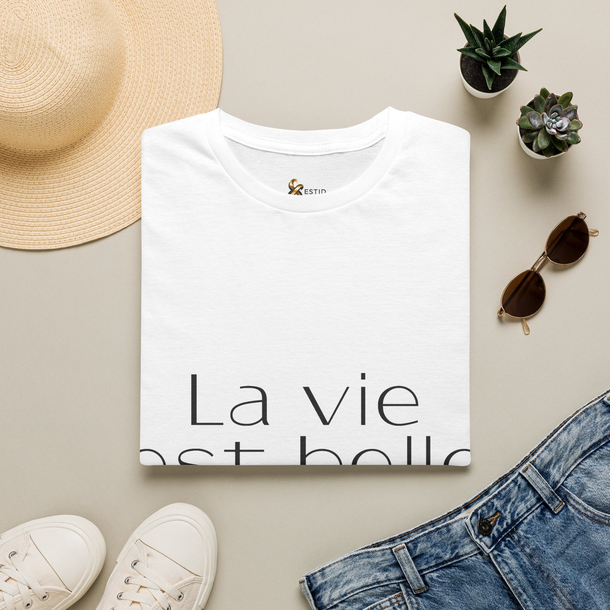 ESTID Damen T-Shirt | „La vie est belle“ Typo-Print | Ringgesponnen Ansicht 6 – T-Shirt – ESTID